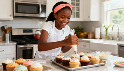Happy young girl decorating homemade cupcakes in the kitchen. Child using a piping bag to apply frosting. Fun baking hobby and creative childhood activity