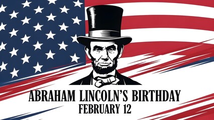 Bold patriotic poster of Abraham Lincoln with American flag elements commemorating Lincoln’s Birthday on February 12.