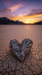 Heart Shaped Rock on Cracked Earth at Sunset with Vibrant Sky Above Rocky Hills Love Symbol Vertical