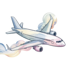 Hand-Drawn Watercolor Illustration of White Passenger Airplane Flying Through Clouds with Soft Pastel Colors