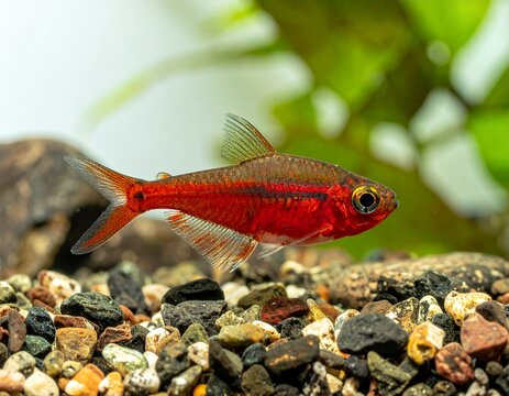 Close-up of a vibrant red chili rasbora fish swimming in a freshwater aquarium with gravel substrate and green plants in the background.