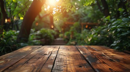 Warm wooden table in serene garden with sunlight filtering through leaves