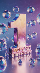 golographic and iridescent text "Happy 1st Birthday" with bubbles surrounding it, bright and dreamy depictions, shiny and glossy, contrast  gradient background from purple to blue, 3D style