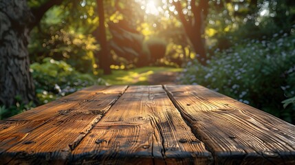 Warm wooden table in serene forest setting with sunlight filtering through trees