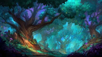 Mystical Forest Digital Art Landscape With Lush Green Trees Purple Flowers and Glowing Light Particles Creating Whimsical Atmosphere Perfect For Backgrounds or Wallpapers