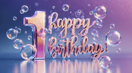 golographic and iridescent text "Happy 1st Birthday" with bubbles surrounding it, bright and dreamy depictions, shiny and glossy, contrast  gradient background from purple to blue, 3D style