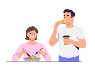 A man and woman share a delightful moment as they enjoy food and drinks together, symbolizing friendship and joy in a casual setting filled with happiness and laughter.