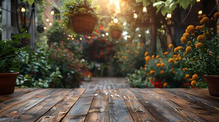 Fototapeta premium Serene garden pathway with vibrant flowers and wooden deck