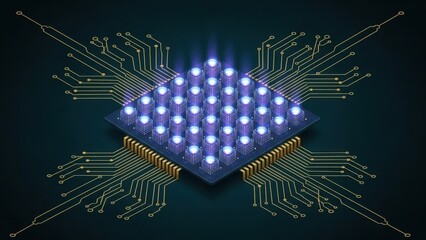 Advanced processor chip with glowing lights surrounded by circuit board connections