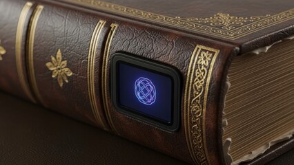 Close-up of an old, ornate book with a glowing digital display on its spine, blending ancient knowledge with modern technology.