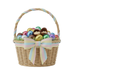 Chocolate eggs in Easter basket with ribbon on a white background. 