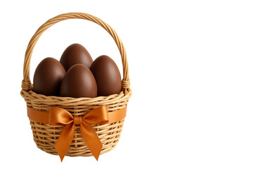 Chocolate eggs in Easter basket with ribbon on a white background. 