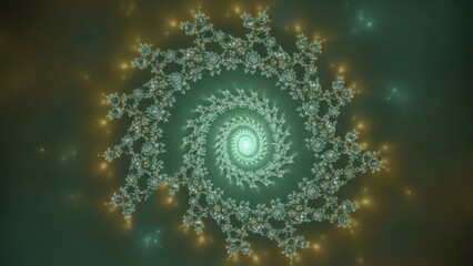Intricate spiraling fractal pattern with glowing elements against a dark background