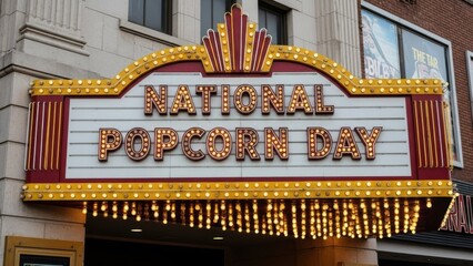 National popcorn day marquee sign on a classic movie theater building