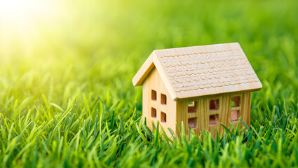 Small wooden house model on green grass with sunny background