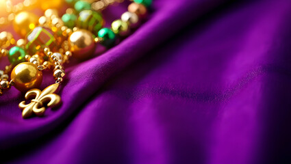 Vibrant Mardi Gras beads on luxurious purple fabric background