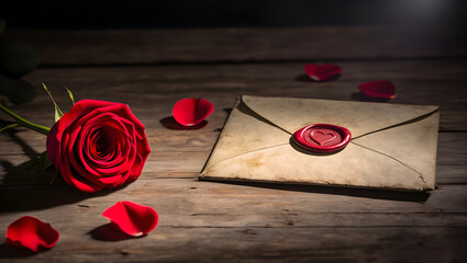 Romantic letter with red rose and heart shaped seal on envelope