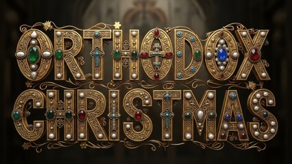 Orthodox christmas gold text with jewels and crosses on dark ornate background