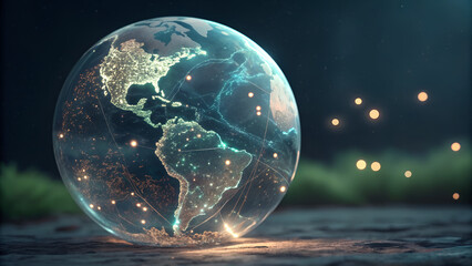 Tiny bioluminescent dots float inside the globe, forming abstract ESG metrics (not numbers), suggesting ethical impact measured beyond profit.