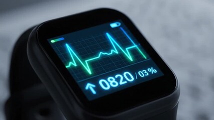 Close-up of a smart fitness watch displaying a heart rate graph with an upward trend and percentage, symbolizing health monitoring and progress tracking during an activity