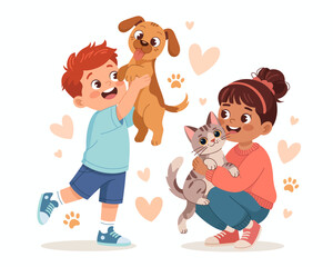 Fototapeta premium In this heartwarming scene, a boy joyfully holds a puppy while a girl cuddles a kitten, embodying love, friendship, and carefree childhood innocence in their playful interactions.
