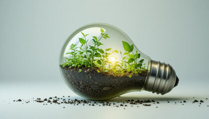 Light bulb filled with soil and green plants symbolizes innovation and sustainability, highlighting concept of eco friendly energy solutions. glowing bulb represents growth and environmental