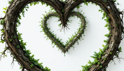Heart shaped sculpture made of intertwined branches and green leaves creates natural and artistic design against white background. organic texture and vibrant foliage evoke sense of harmony