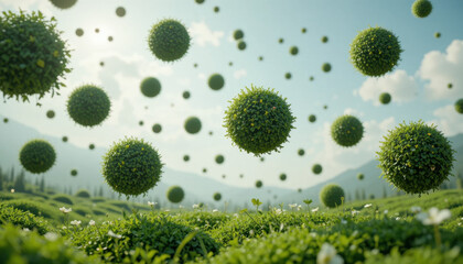Floating spherical bushes hover above lush green landscape clear blue sky, creating surreal and whimsical scene. background features distant mountains and scattered clouds, enhancing dreamlike