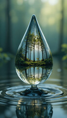 Serene forest scene is beautifully encapsulated within clear water droplet, reflecting trees and greenery, creating tranquil and harmonious atmosphere