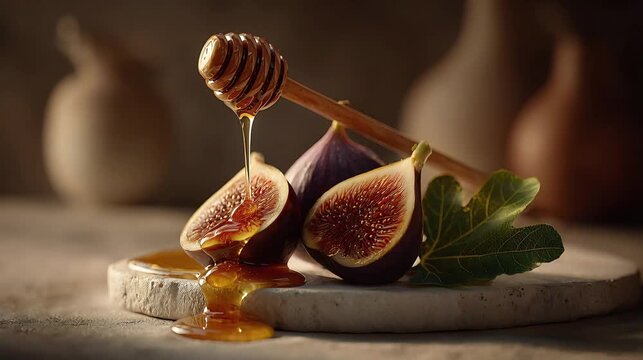  ripe figs gently split open glossy honey slowly drizzling from a wooden dipper and fresh fig leaves arranged on a textured natural stone table.
