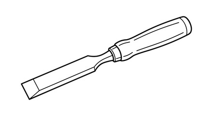 Fototapeta premium Professional wood chisel with a sharp metal blade and a comfortable wooden handle shown as a clean black and white line illustration.