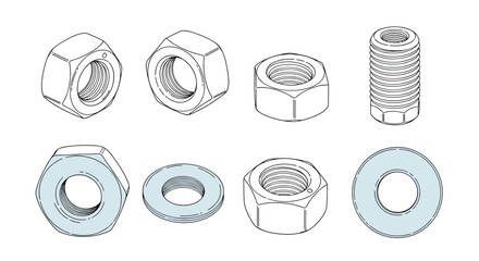 Selection of industrial hardware including various sizes of hexagonal nuts, round washers, and a threaded bolt in line art style.