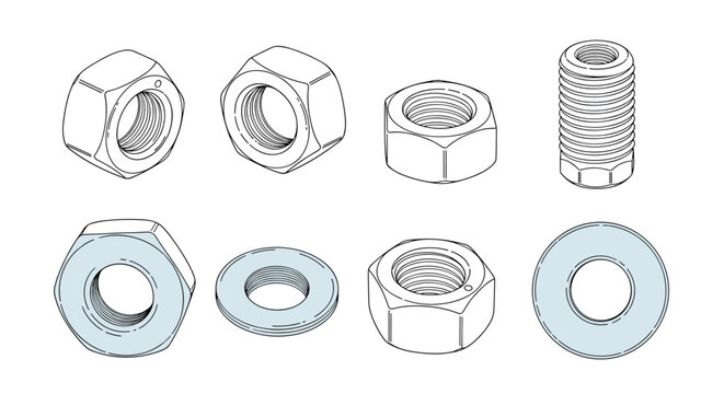 Selection of industrial hardware including various sizes of hexagonal nuts, round washers, and a threaded bolt in line art style.