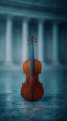 Fototapeta premium A beautifully crafted violin stands prominently against a softly lit background, highlighting its elegant curves and rich wood grain.