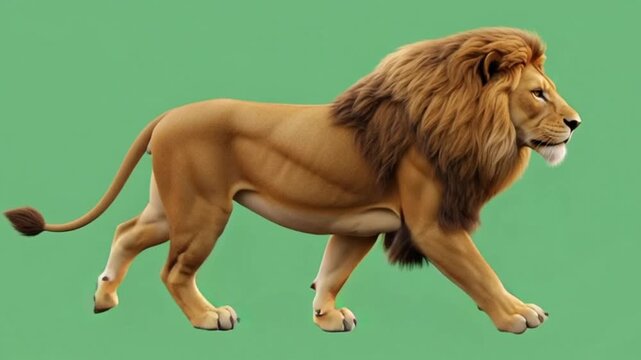 Side view 3D illustration of a male lion walking isolated on a green screen background for chroma keying.