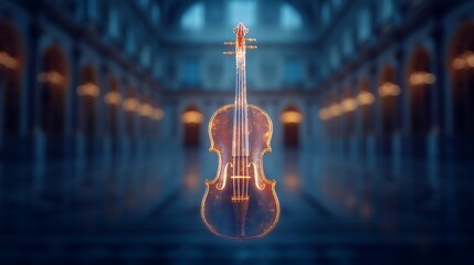 Naklejka premium A glowing violin stands in a grand, blurred architectural space, highlighting the elegance of music amidst a serene atmosphere.