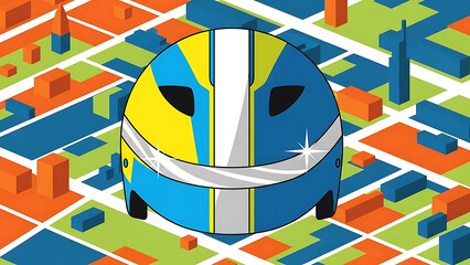 motor racing helmet design illustration representing speed and urban competition within an abstract city map for sports marketing