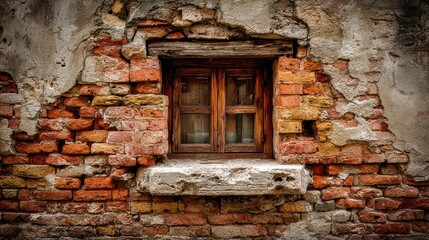 Old Orange Brick Wall with Distressed White Plaster and a Small Wooden Window with Peeling Paint Creating an Architectural Texture