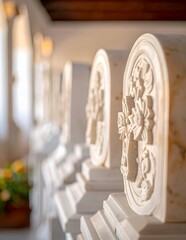 Intricate white stone carvings adorn a sunlit interior, creating a serene and elegant atmosphere.