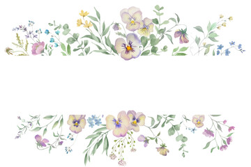 Watercolor pansies and viola wildflowers floral frame. Botanical background. Hand drawn illustration. Vector EPS.