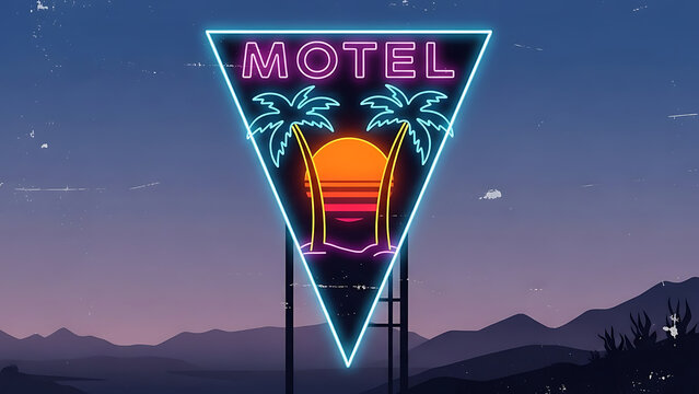 neon motel sign glowing with a retro vaporwave aesthetic at dusk displaying palm trees and a sunset in a desert for a nostalgic concept. - Powered by Adobe