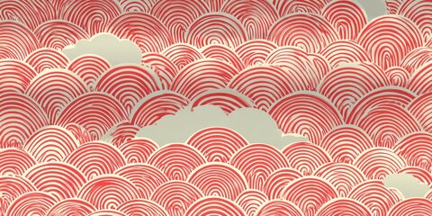 Red and White Pixelated Arcs Overlap Against a Cream Background Creating a Textured Wavy Pattern with Pixel Details and Cloud Gaps in a Playful Design Style