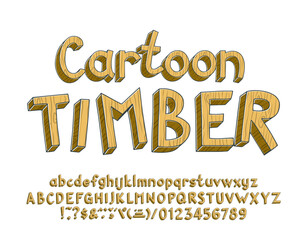Cartoon Timber alphabet font. Hand drawn uppercase and lowercase letters, numbers, and various symbols on a white background.