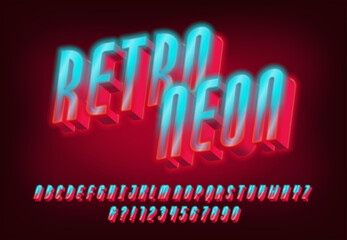 Retro Neon alphabet font. Neon light letters and numbers. Stock vector typeface for your typography in retro 80s style.