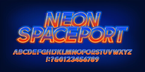 Neon Spaceport alphabet font. Neon light letters and numbers. Stock vector typeface for your typography in retro futurism style.