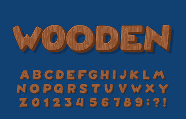 Wooden alphabet font. Hand drawn cartoon letters, numbers and symbols. Stock vector typeface for your design.