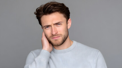 Doubt and Deliberation: A portrait of a man in introspective moment, clutching his neck. Capturing a pensive mood with a hint of thoughtfulness.