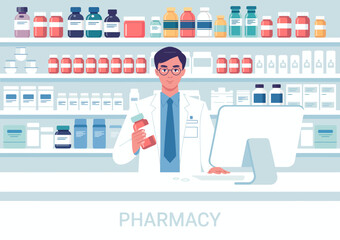 A professional pharmacist standing at a counter in a well-organized pharmacy with various medicines, portraying healthcare and trust in a friendly and inviting manner.