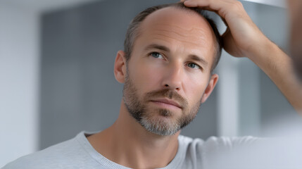 Fototapeta premium A Man's contemplation on hair loss: A close-up shot of a man inspecting his thinning hair, a reflective gaze mirrors concern and self-awareness about aging.