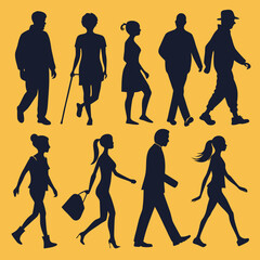 Obraz premium Walking People Silhouette Collection on Yellow Background